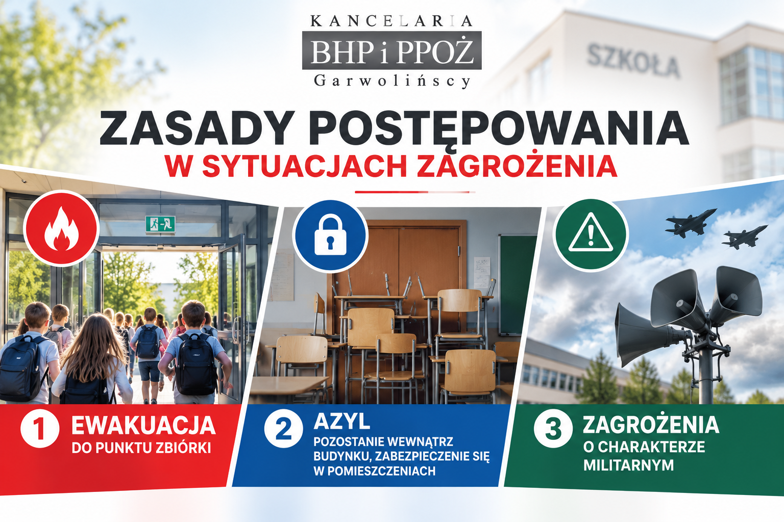 Zasady postępowania w sytuacjach zagrożenia w SZKOLE: ewakuacja, azyl,  zagrożenie militarne